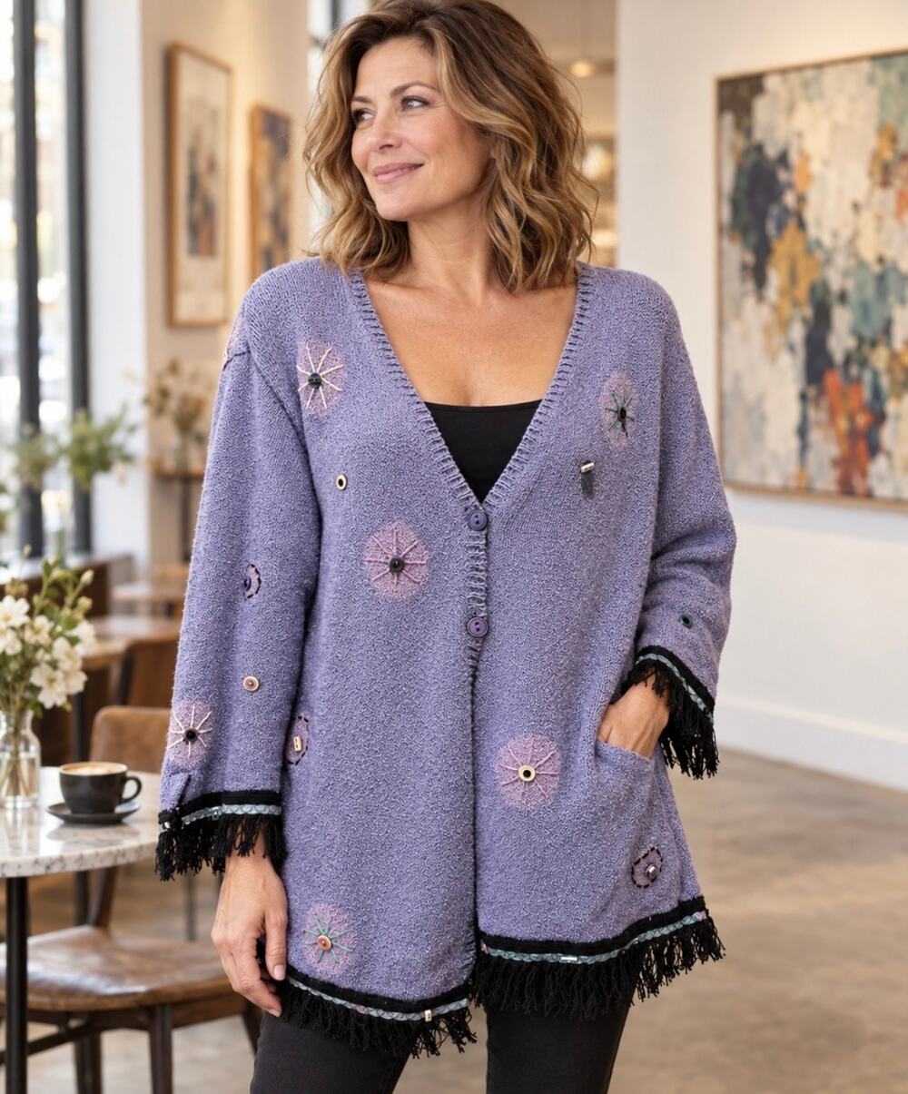 Ann Trinity Women’s XL Purple Spider Web Fringe Cardigan Sweater Y2K Boho